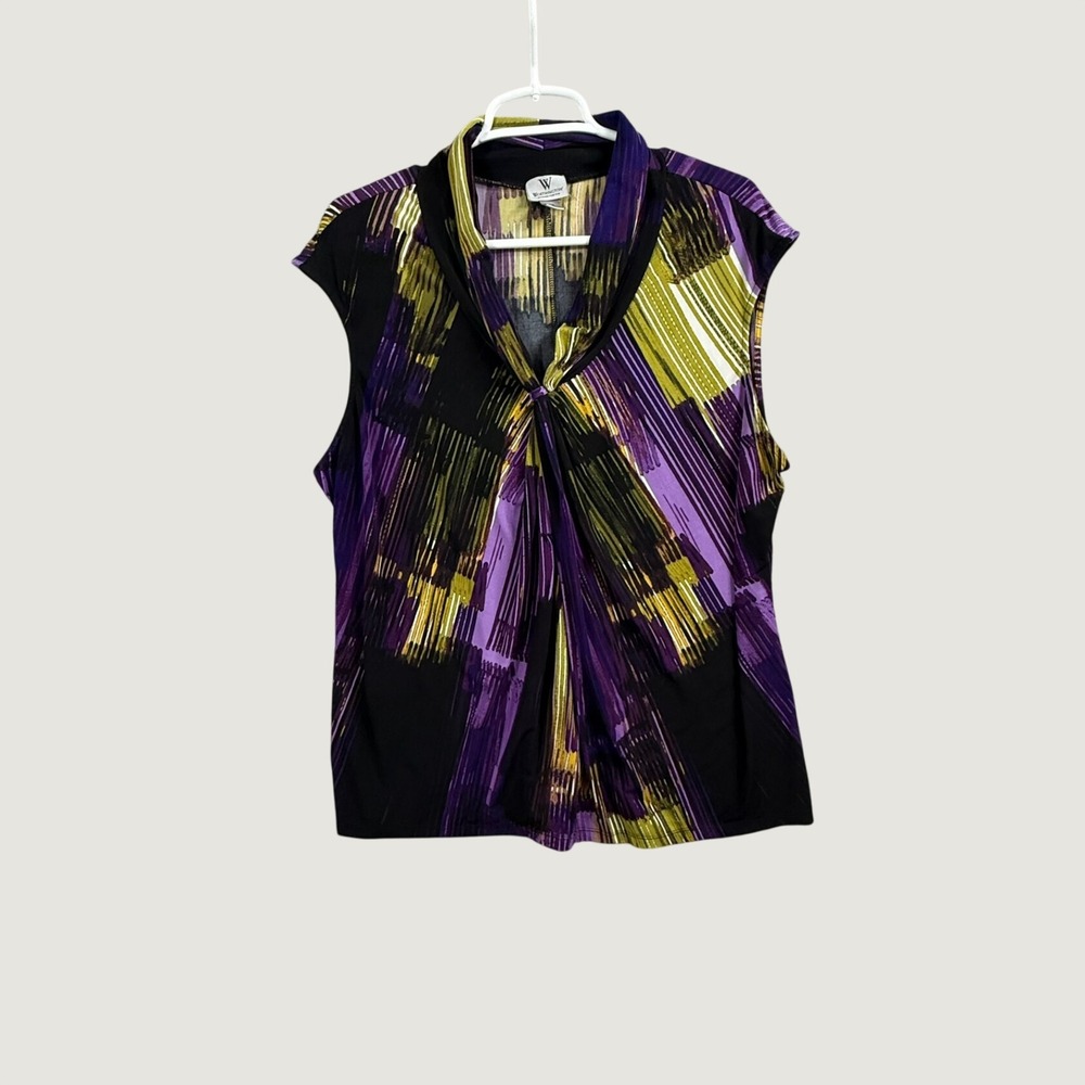 Worthington Woman Stretch Purple Yellow Abstract Knot Front Sleeveless Top 1X